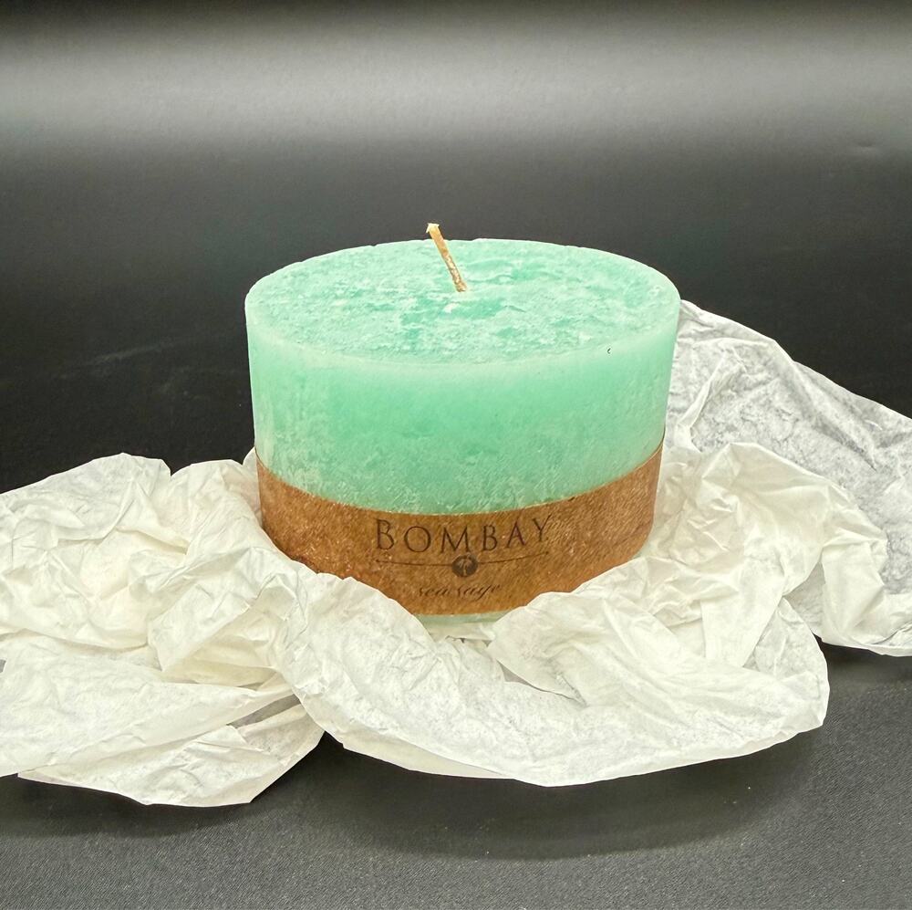 Vintage Bombay Company Sea Sage Pillar Candle Aqua Green 4" Unburned Decor